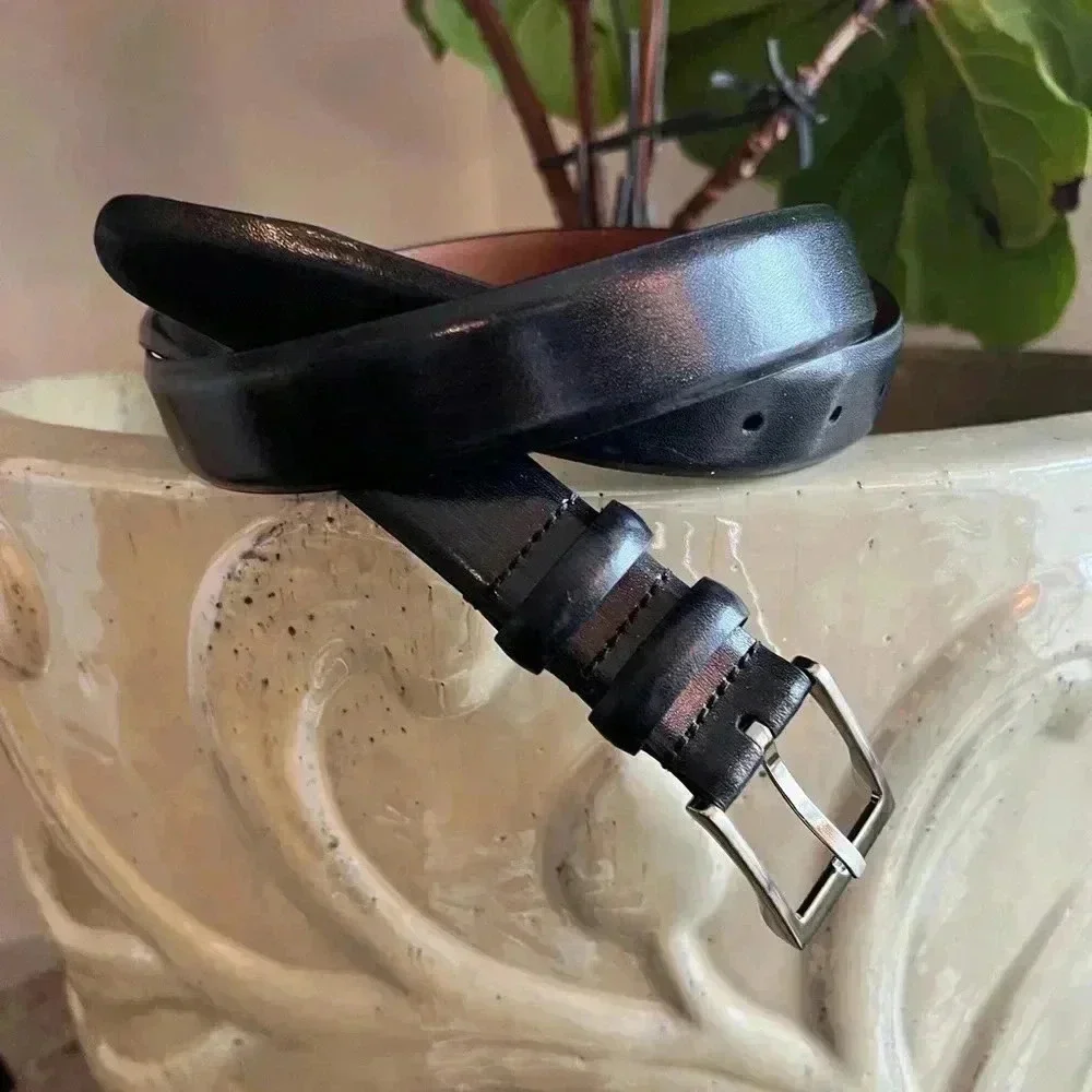 Men’s Genuine Black Leather Belt Silver Buckle Size: 40